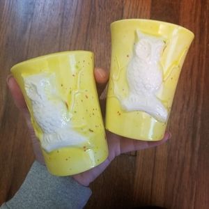Vintage Ceramic Owl Cups Slipcasted 3-D Owl Spotted Paint Set Of 2.
